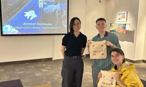 Mariko Abe, Director of The Japan Foundation, Toronto welcomes Japanese students Kayla Bowland and Koi Baswick into the screening room to share the video of how tenugui are made using the Chusen method. Chusen is an innovative dye-pouring method.